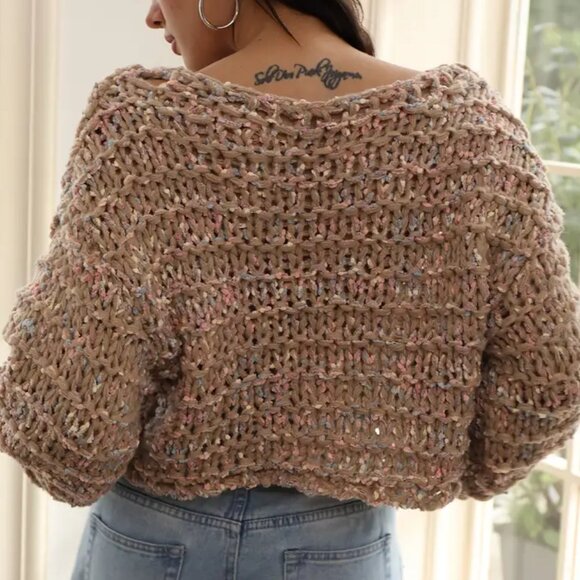Khaki Multicolor Chunky Knitted Short Pullover Sweater - Picture 2 of 4